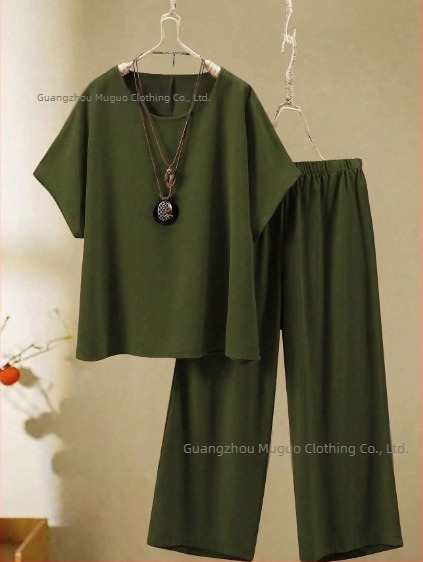 2025 Femeii de vară, cu mânecă lungă, cu guler rotund, stil european și american, cu croială transfrontalieră, stil nou, top și pantaloni cu picior larg, stil casual, 2