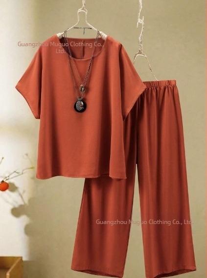 2025 Femeii de vară, cu mânecă lungă, cu guler rotund, stil european și american, cu croială transfrontalieră, stil nou, top și pantaloni cu picior larg, stil casual, 2