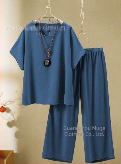 2025 Femeii de vară, cu mânecă lungă, cu guler rotund, stil european și american, cu croială transfrontalieră, stil nou, top și pantaloni cu picior larg, stil casual, 2