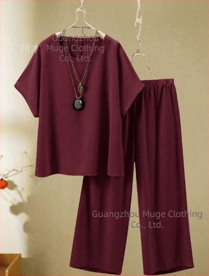 2025 Femeii de vară, cu mânecă lungă, cu guler rotund, stil european și american, cu croială transfrontalieră, stil nou, top și pantaloni cu picior larg, stil casual, 2