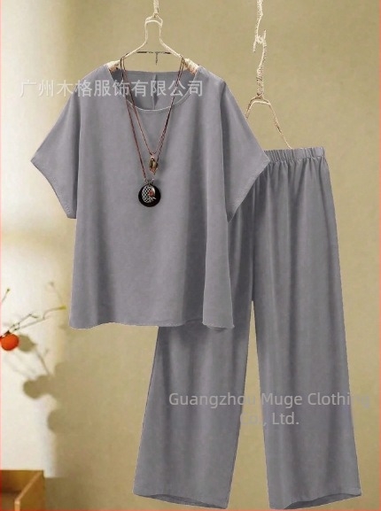 2025 Femeii de vară, cu mânecă lungă, cu guler rotund, stil european și american, cu croială transfrontalieră, stil nou, top și pantaloni cu picior larg, stil casual, 2