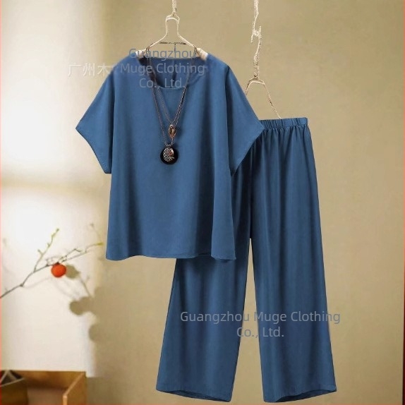 2025 Femeii de vară, cu mânecă lungă, cu guler rotund, stil european și american, cu croială transfrontalieră, stil nou, top și pantaloni cu picior larg, stil casual, 2