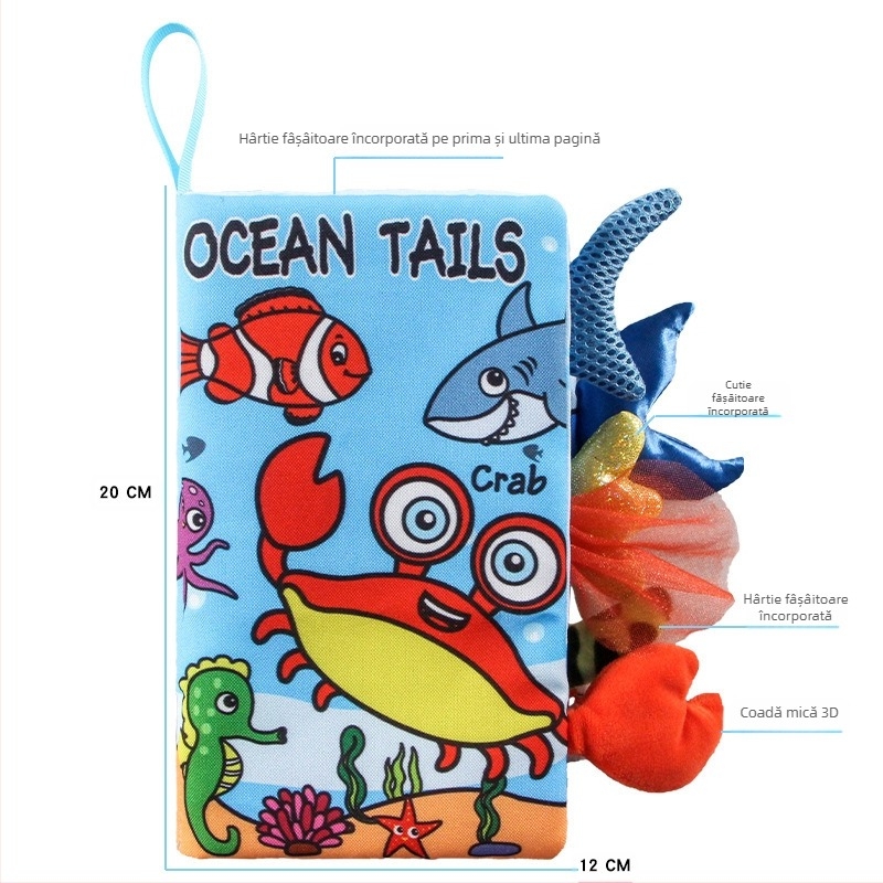 AIPINQI carte de pânză cu coadă de animal cu desene animate, cu hârtie de apel, jucărie pentru copii, carte de pânză rezistentă la rupere pentru bebeluși