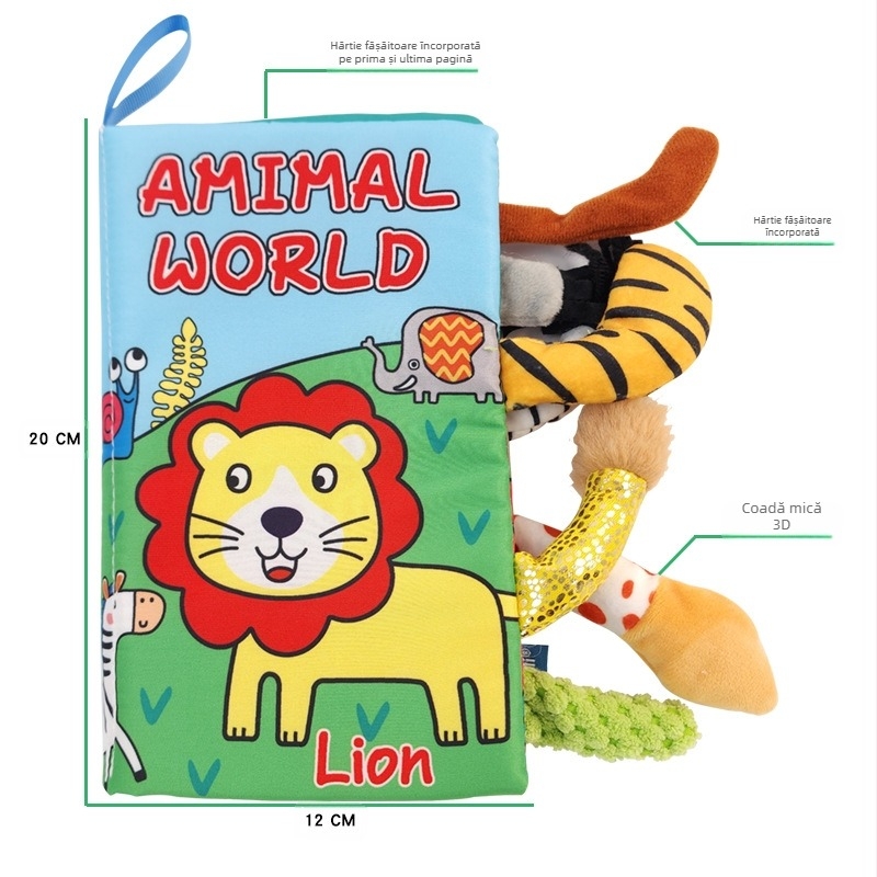AIPINQI carte de pânză cu coadă de animal cu desene animate, cu hârtie de apel, jucărie pentru copii, carte de pânză rezistentă la rupere pentru bebeluși