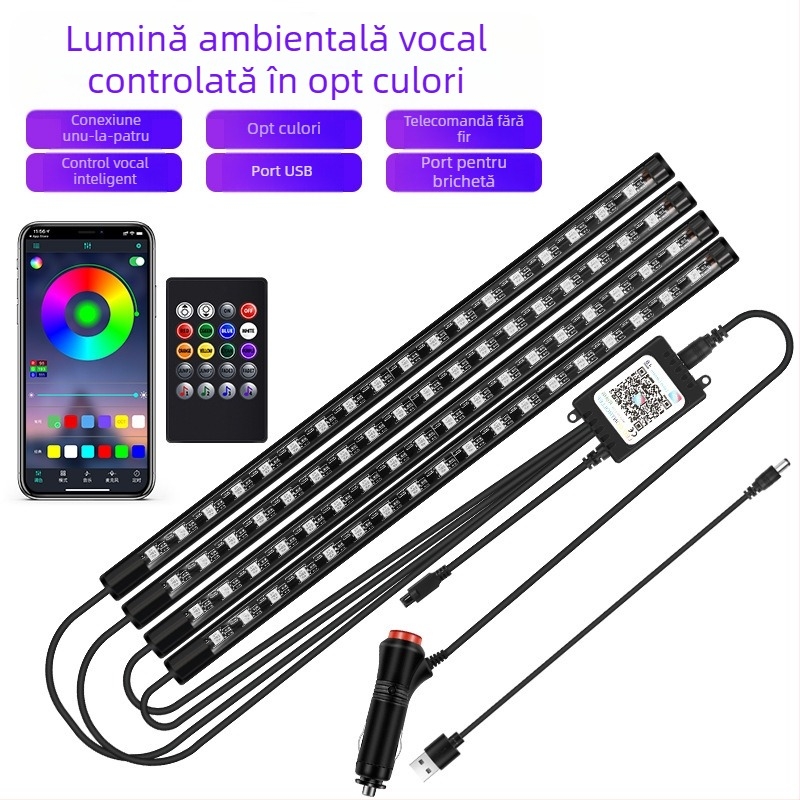 Lampă frontală auto, fără modificări pentru interiorul mașinii, lampă LED colorată cu gaz, lampă USB pentru interior, lampă cu ritm muzical