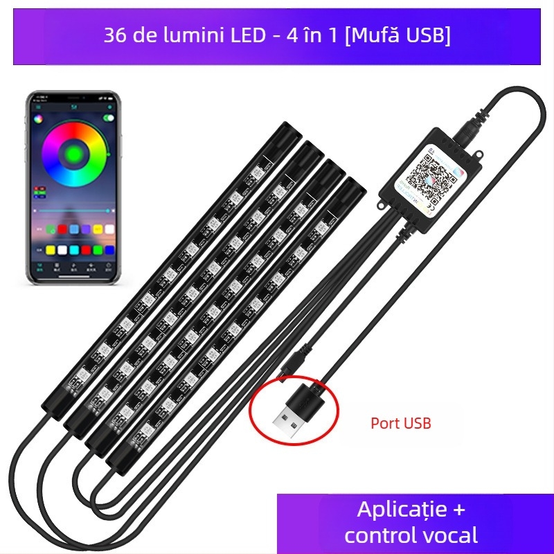 Lampă frontală auto, fără modificări pentru interiorul mașinii, lampă LED colorată cu gaz, lampă USB pentru interior, lampă cu ritm muzical