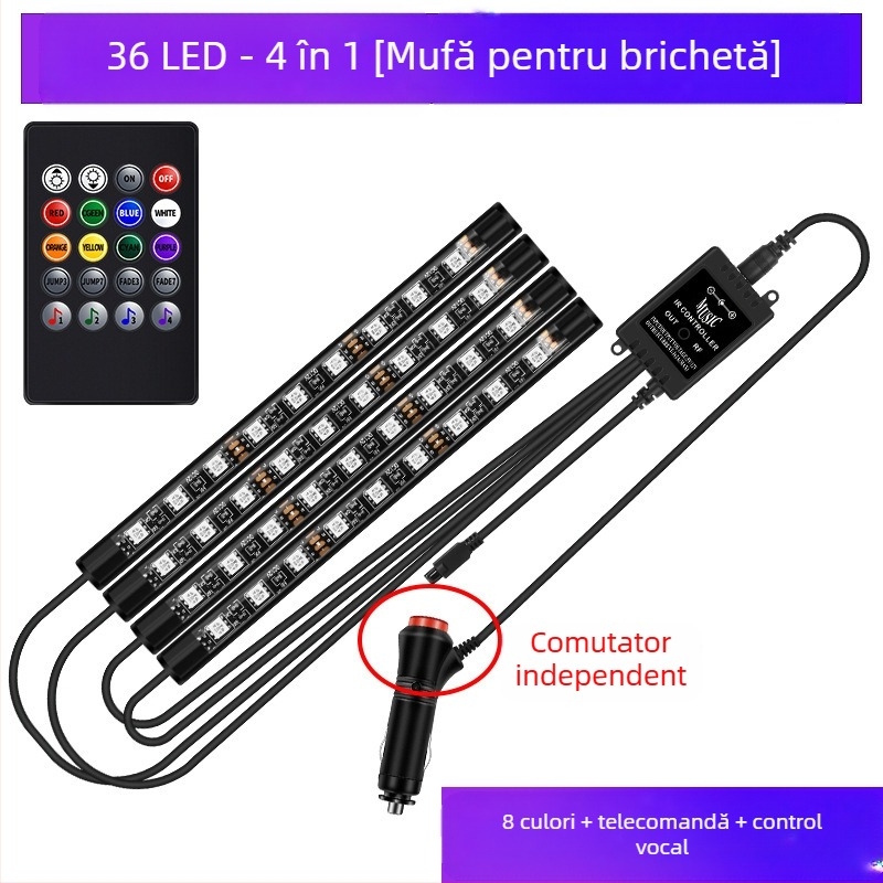 Lampă frontală auto, fără modificări pentru interiorul mașinii, lampă LED colorată cu gaz, lampă USB pentru interior, lampă cu ritm muzical