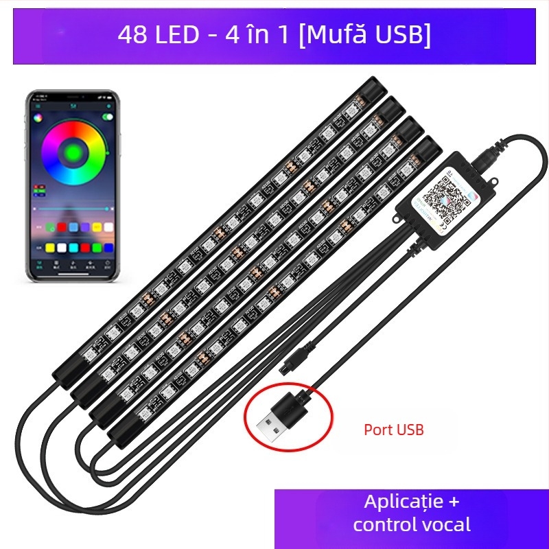 Lampă frontală auto, fără modificări pentru interiorul mașinii, lampă LED colorată cu gaz, lampă USB pentru interior, lampă cu ritm muzical