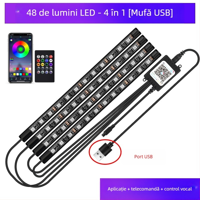 Lampă frontală auto, fără modificări pentru interiorul mașinii, lampă LED colorată cu gaz, lampă USB pentru interior, lampă cu ritm muzical