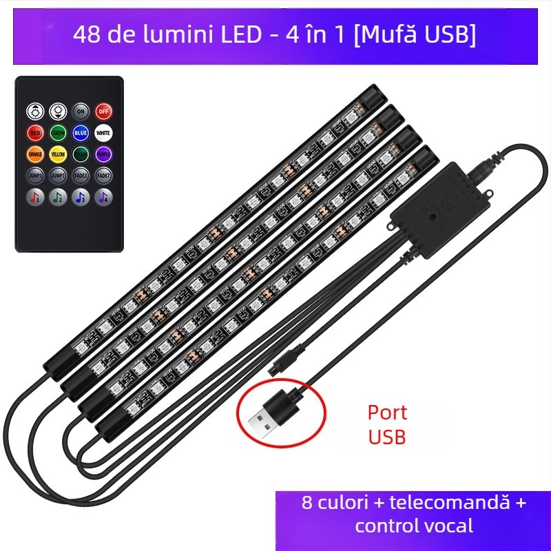 Lampă frontală auto, fără modificări pentru interiorul mașinii, lampă LED colorată cu gaz, lampă USB pentru interior, lampă cu ritm muzical