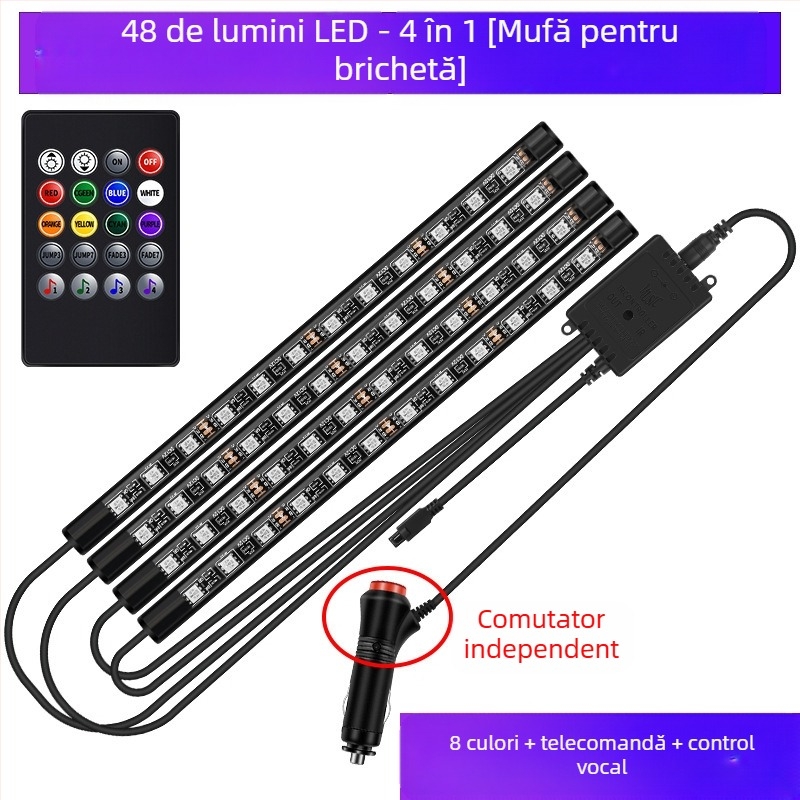 Lampă frontală auto, fără modificări pentru interiorul mașinii, lampă LED colorată cu gaz, lampă USB pentru interior, lampă cu ritm muzical