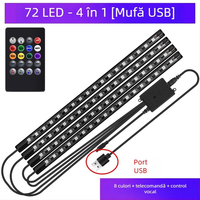 Lampă frontală auto, fără modificări pentru interiorul mașinii, lampă LED colorată cu gaz, lampă USB pentru interior, lampă cu ritm muzical