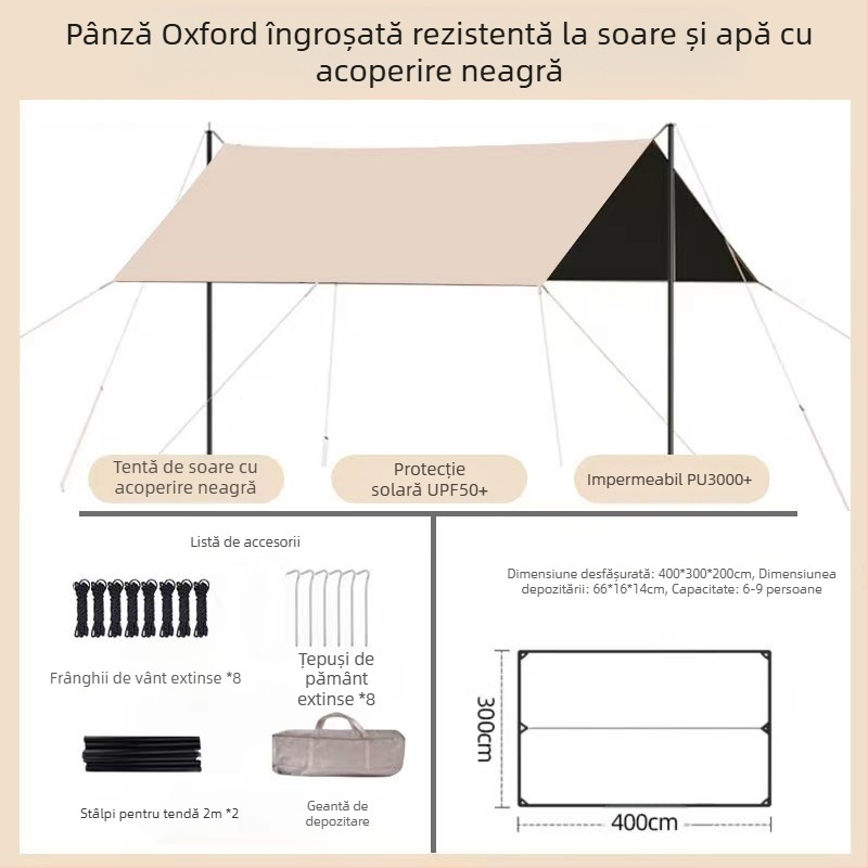 Copertină de cauciuc neagră, pentru cort în aer liber, protecție solară, pânză de protecție solară, îngroșată, impermeabilă, pânză Oxford, camping, 6-20 de persoane, pânză de copertină multifuncțională