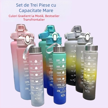Set de trei căni, cană de apă din plastic cu gradient de culori, sticlă de apă sport, capac pop-up, set de căni curcubeu, portabilă, etanșă