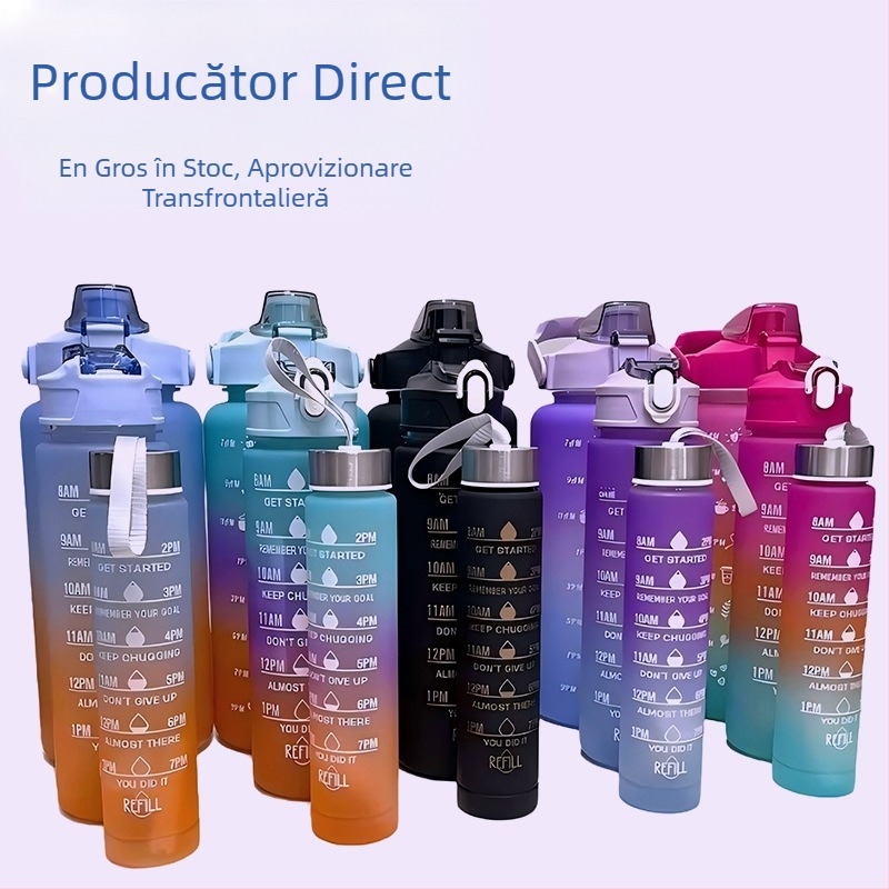 Set de trei căni, cană de apă din plastic cu gradient de culori, sticlă de apă sport, capac pop-up, set de căni curcubeu, portabilă, etanșă