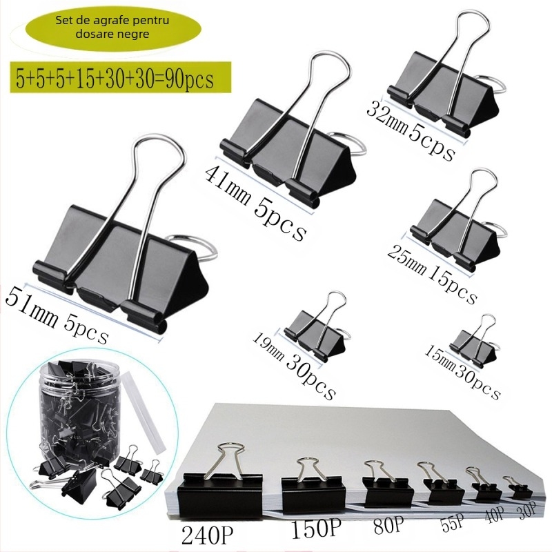 Clemă metalică pentru bilețel, vânzare transfrontalieră, combinație de costume, papetărie, culoare, coadă lungă, clemă neagră, coadă de rândunică, clemă metalică pentru legare, clemă de hârtie de testare