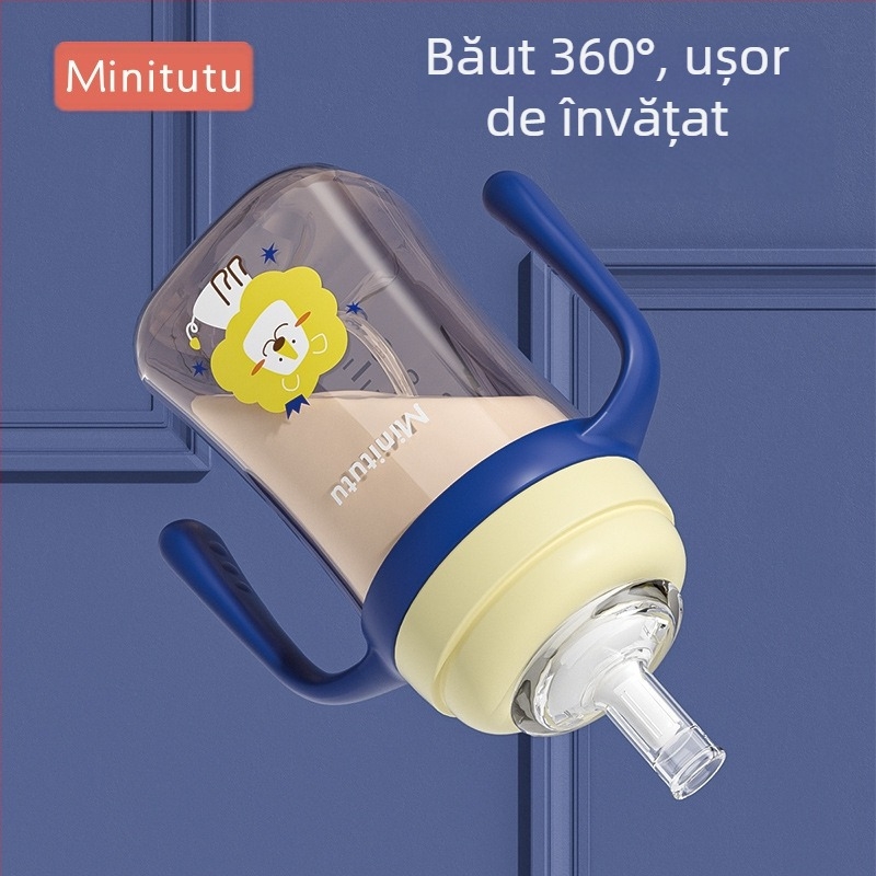 Minitutu nano color cu gură largă PP, o cană cu trei căni sippy, sticlă cu aspirație pentru mamelon, gură de duckbill pentru bebeluși, 300