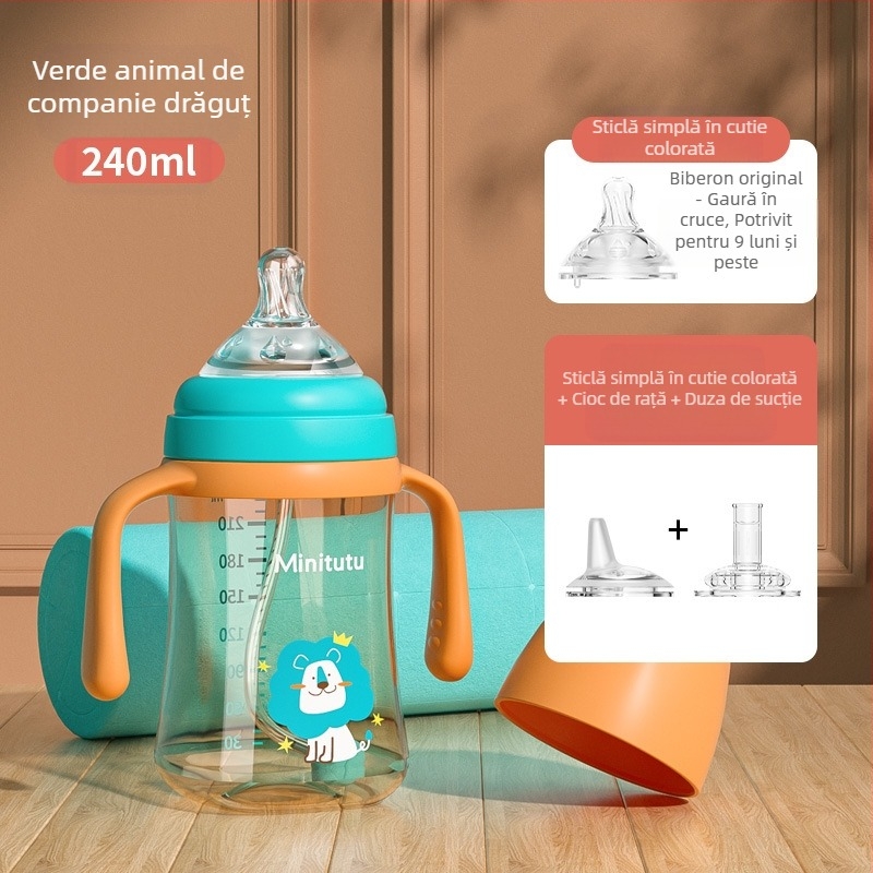 Minitutu nano color cu gură largă PP, o cană cu trei căni sippy, sticlă cu aspirație pentru mamelon, gură de duckbill pentru bebeluși, 300