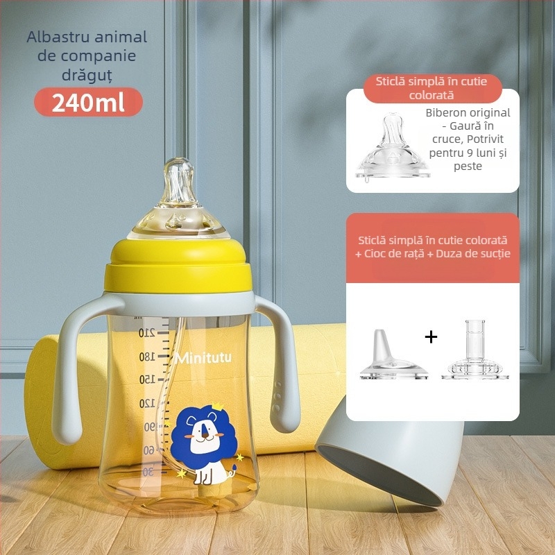 Minitutu nano color cu gură largă PP, o cană cu trei căni sippy, sticlă cu aspirație pentru mamelon, gură de duckbill pentru bebeluși, 300