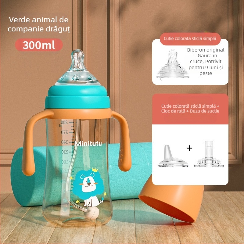 Minitutu nano color cu gură largă PP, o cană cu trei căni sippy, sticlă cu aspirație pentru mamelon, gură de duckbill pentru bebeluși, 300