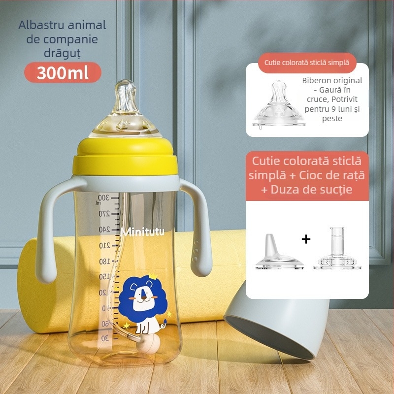 Minitutu nano color cu gură largă PP, o cană cu trei căni sippy, sticlă cu aspirație pentru mamelon, gură de duckbill pentru bebeluși, 300