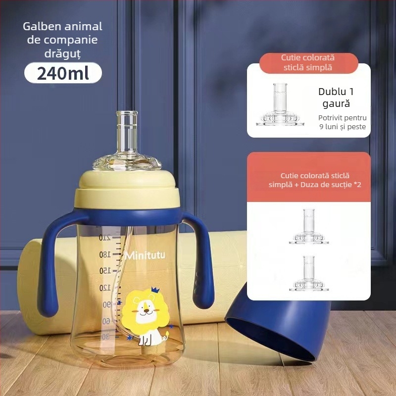 Minitutu nano color cu gură largă PP, o cană cu trei căni sippy, sticlă cu aspirație pentru mamelon, gură de duckbill pentru bebeluși, 300