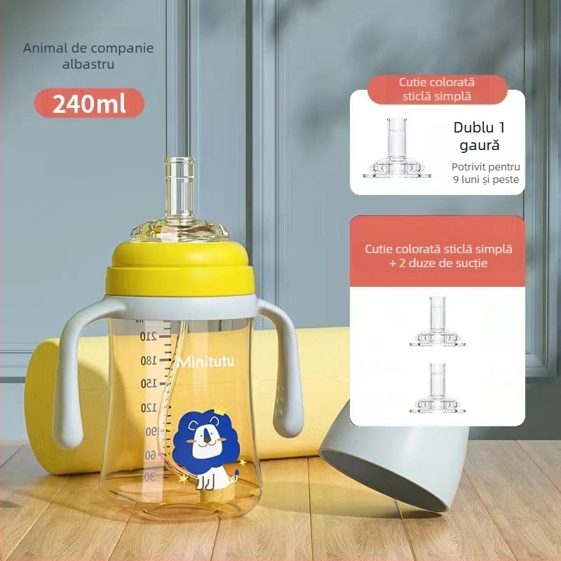 Minitutu nano color cu gură largă PP, o cană cu trei căni sippy, sticlă cu aspirație pentru mamelon, gură de duckbill pentru bebeluși, 300