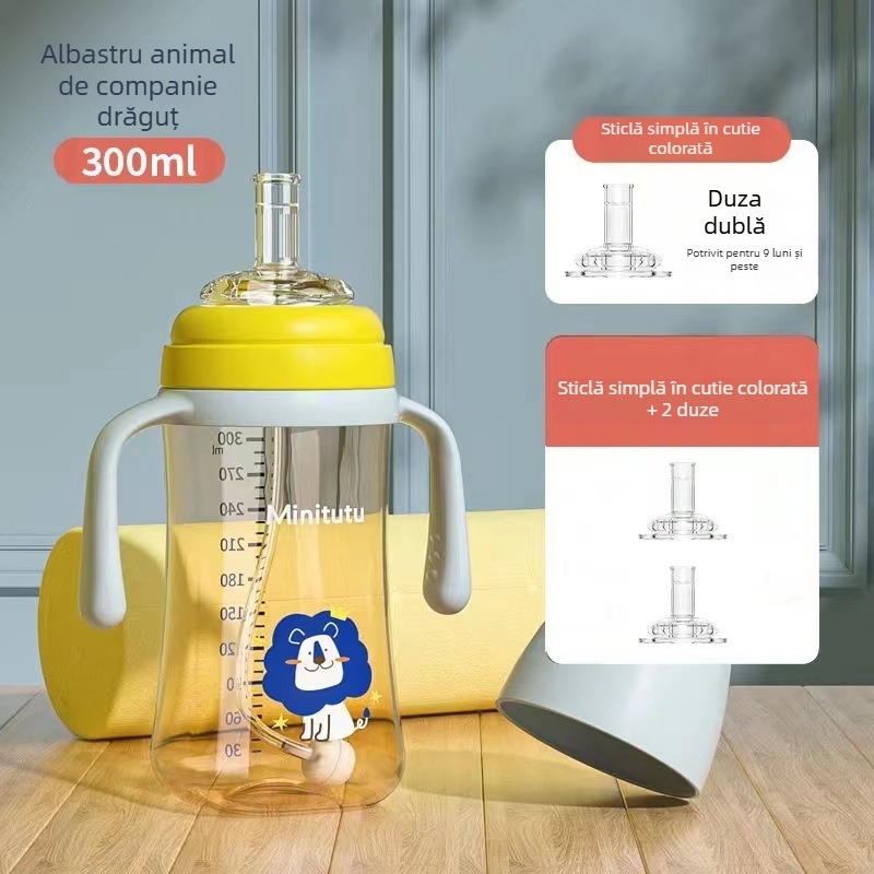 Minitutu nano color cu gură largă PP, o cană cu trei căni sippy, sticlă cu aspirație pentru mamelon, gură de duckbill pentru bebeluși, 300