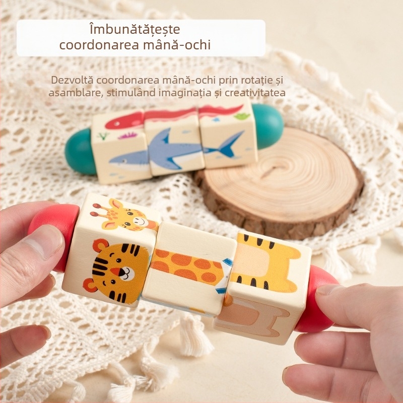 Puzzle rotativ din lemn pentru copii, blocuri de construcție tridimensionale, grădiniță, coordonare mână-ochi, jucării educative pentru antrenament, animale, jucării pentru grădiniță