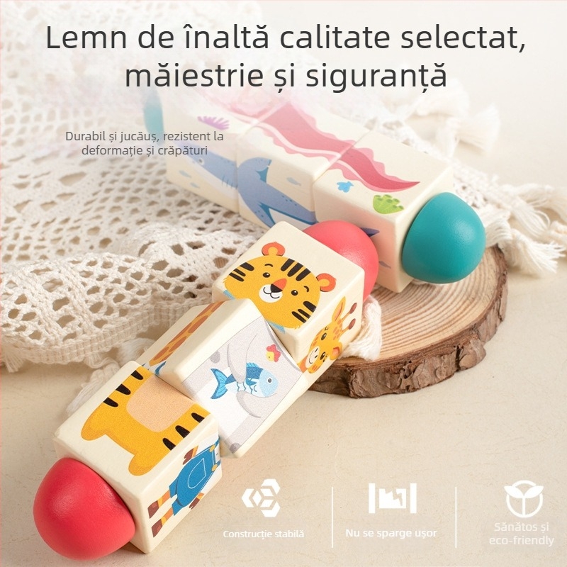 Puzzle rotativ din lemn pentru copii, blocuri de construcție tridimensionale, grădiniță, coordonare mână-ochi, jucării educative pentru antrenament, animale, jucării pentru grădiniță