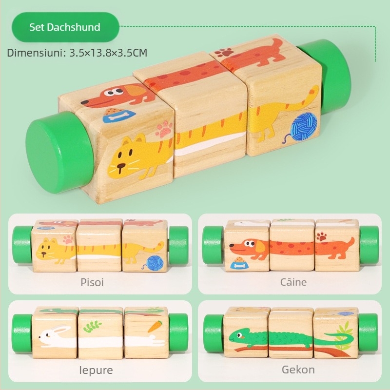 Puzzle rotativ din lemn pentru copii, blocuri de construcție tridimensionale, grădiniță, coordonare mână-ochi, jucării educative pentru antrenament, animale, jucării pentru grădiniță