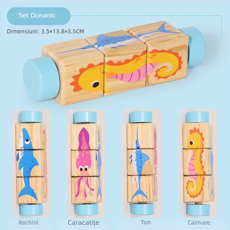 Puzzle rotativ din lemn pentru copii, blocuri de construcție tridimensionale, grădiniță, coordonare mână-ochi, jucării educative pentru antrenament, animale, jucării pentru grădiniță