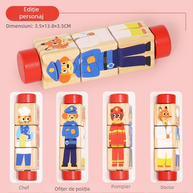 Puzzle rotativ din lemn pentru copii, blocuri de construcție tridimensionale, grădiniță, coordonare mână-ochi, jucării educative pentru antrenament, animale, jucării pentru grădiniță