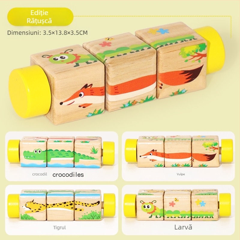Puzzle rotativ din lemn pentru copii, blocuri de construcție tridimensionale, grădiniță, coordonare mână-ochi, jucării educative pentru antrenament, animale, jucării pentru grădiniță