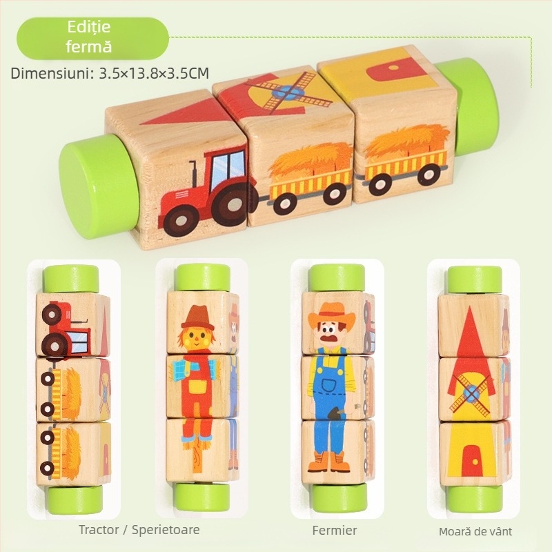 Puzzle rotativ din lemn pentru copii, blocuri de construcție tridimensionale, grădiniță, coordonare mână-ochi, jucării educative pentru antrenament, animale, jucării pentru grădiniță