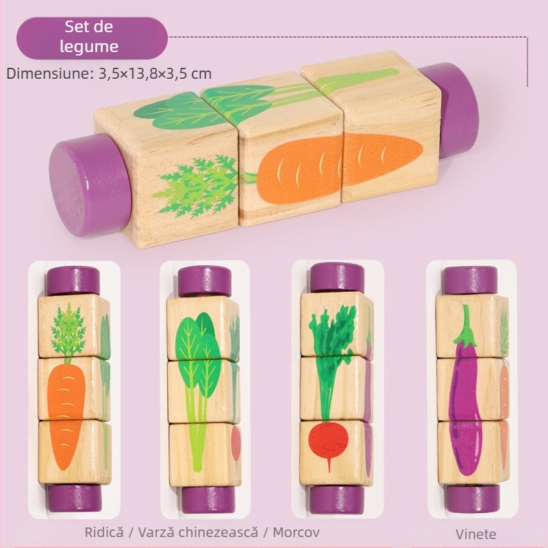 Puzzle rotativ din lemn pentru copii, blocuri de construcție tridimensionale, grădiniță, coordonare mână-ochi, jucării educative pentru antrenament, animale, jucării pentru grădiniță