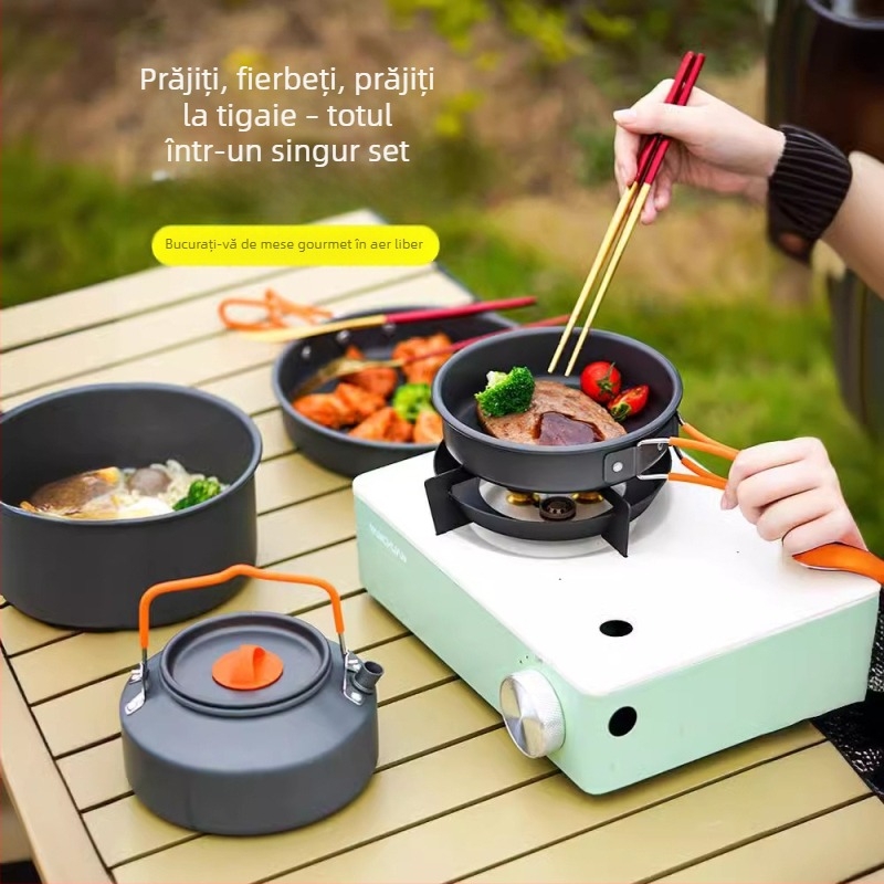 Furnizare transfrontalieră de articole de gătit pentru camping, fierbător pentru apă clocotită, articole de masă portabile pentru camping, set de oale, tigaie, echipamente pentru gătit oale