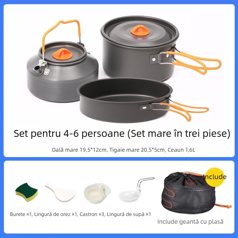Furnizare transfrontalieră de articole de gătit pentru camping, fierbător pentru apă clocotită, articole de masă portabile pentru camping, set de oale, tigaie, echipamente pentru gătit oale