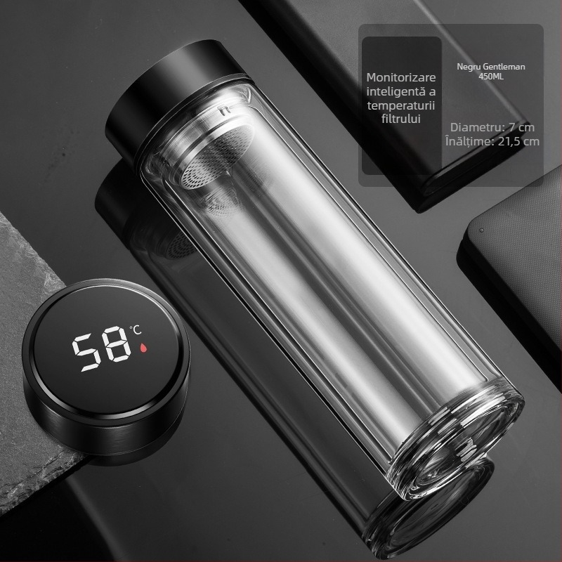 În stoc, cană de apă inteligentă, cană de sticlă dublă, cană de ceai pentru bărbați, transparentă, cu afișaj cald, separarea apei de ceai, cană de apă izolatoare