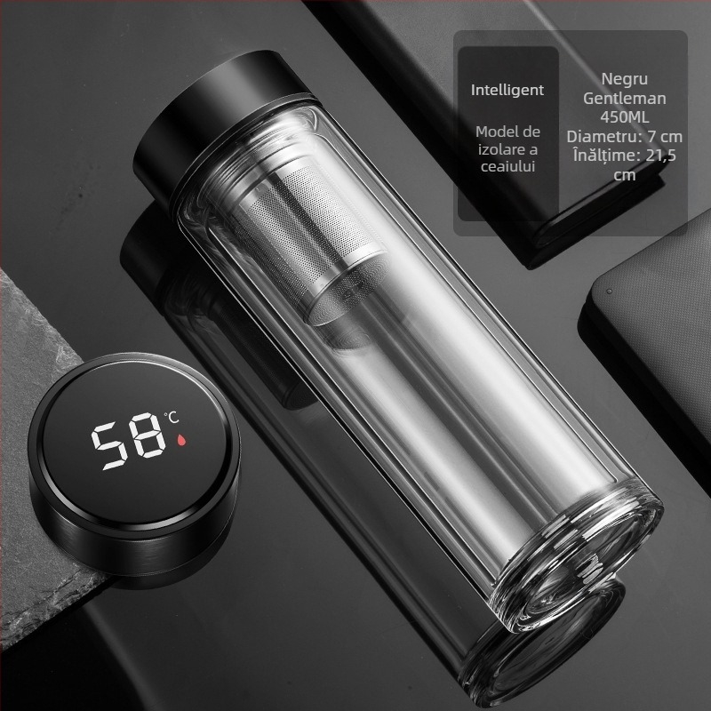 În stoc, cană de apă inteligentă, cană de sticlă dublă, cană de ceai pentru bărbați, transparentă, cu afișaj cald, separarea apei de ceai, cană de apă izolatoare