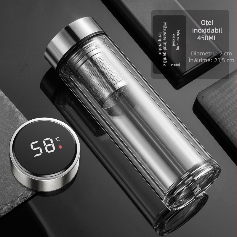 În stoc, cană de apă inteligentă, cană de sticlă dublă, cană de ceai pentru bărbați, transparentă, cu afișaj cald, separarea apei de ceai, cană de apă izolatoare