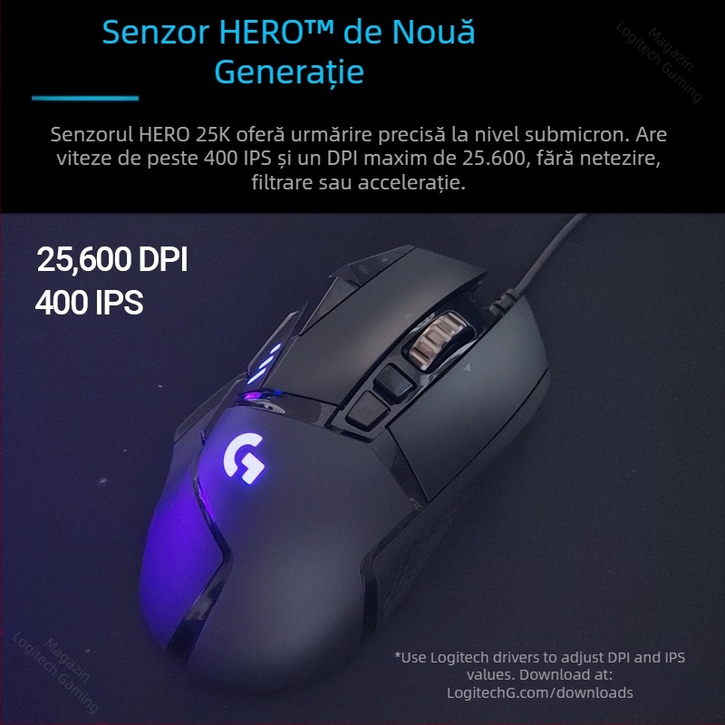 Logitech G502HERO Mouse cu fir pentru jocuri, Master SE, electric, competiție, contragreutate mecanică, mâncare pui cf, programare macro, despachetare