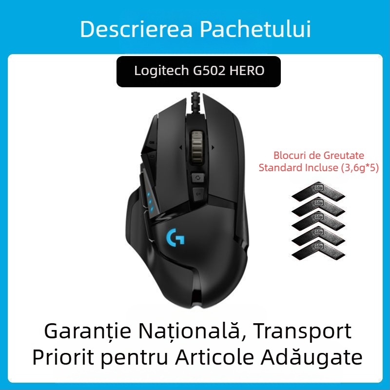 Logitech G502HERO Mouse cu fir pentru jocuri, Master SE, electric, competiție, contragreutate mecanică, mâncare pui cf, programare macro, despachetare
