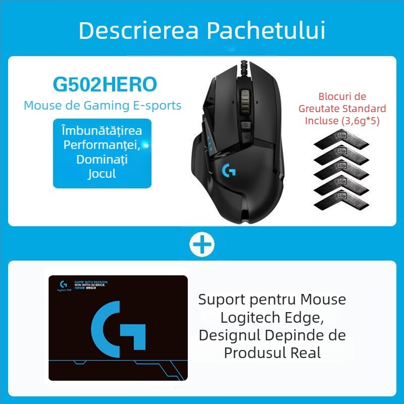 Logitech G502HERO Mouse cu fir pentru jocuri, Master SE, electric, competiție, contragreutate mecanică, mâncare pui cf, programare macro, despachetare