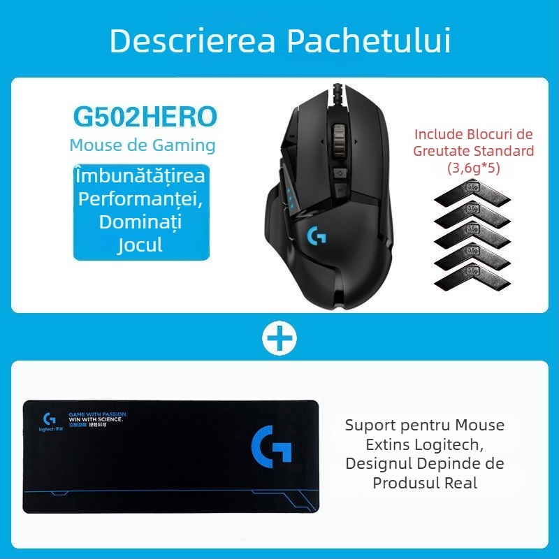 Logitech G502HERO Mouse cu fir pentru jocuri, Master SE, electric, competiție, contragreutate mecanică, mâncare pui cf, programare macro, despachetare