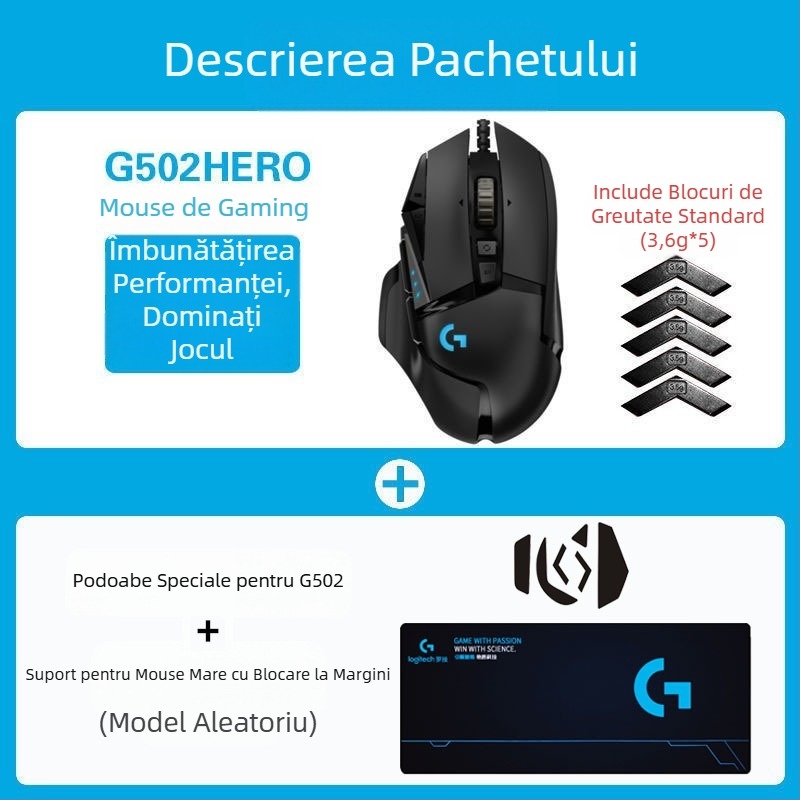 Logitech G502HERO Mouse cu fir pentru jocuri, Master SE, electric, competiție, contragreutate mecanică, mâncare pui cf, programare macro, despachetare