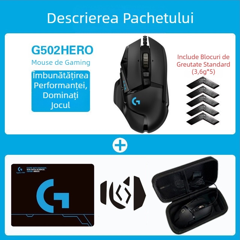 Logitech G502HERO Mouse cu fir pentru jocuri, Master SE, electric, competiție, contragreutate mecanică, mâncare pui cf, programare macro, despachetare