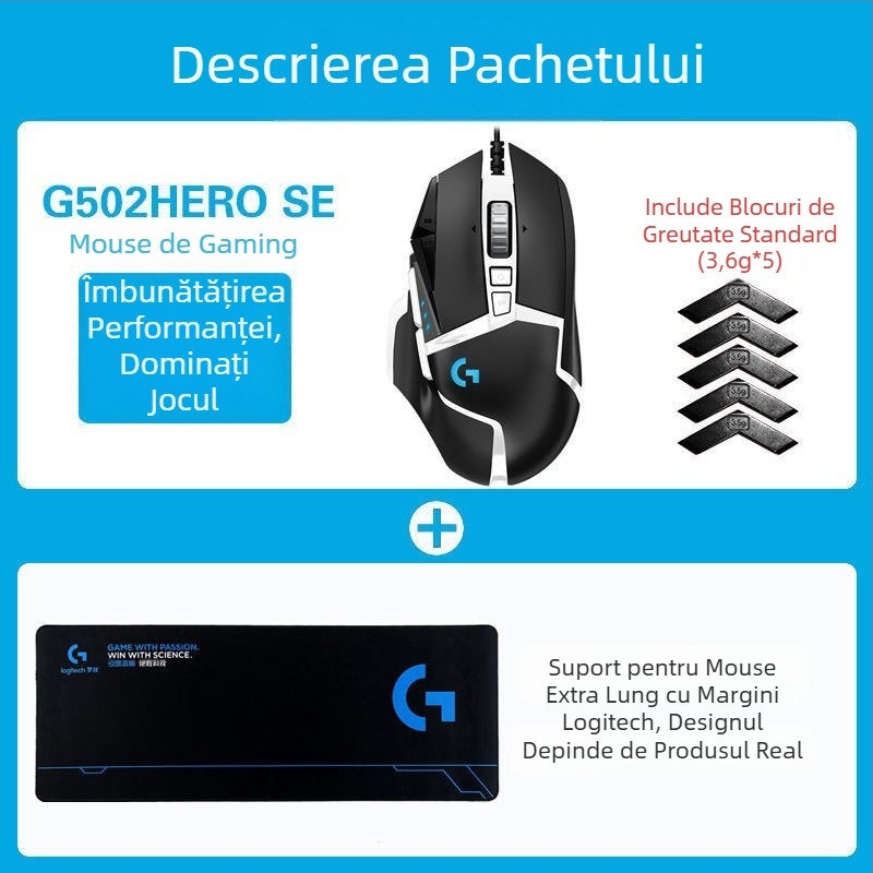 Logitech G502HERO Mouse cu fir pentru jocuri, Master SE, electric, competiție, contragreutate mecanică, mâncare pui cf, programare macro, despachetare