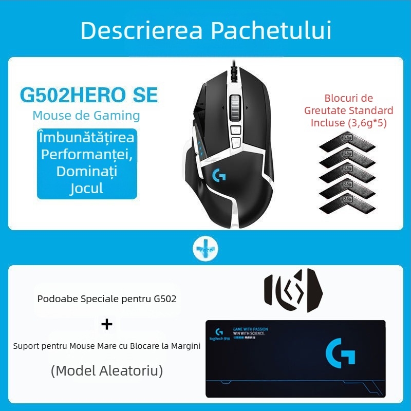 Logitech G502HERO Mouse cu fir pentru jocuri, Master SE, electric, competiție, contragreutate mecanică, mâncare pui cf, programare macro, despachetare
