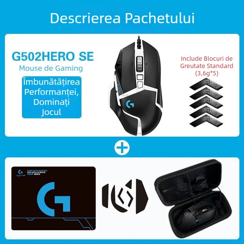 Logitech G502HERO Mouse cu fir pentru jocuri, Master SE, electric, competiție, contragreutate mecanică, mâncare pui cf, programare macro, despachetare